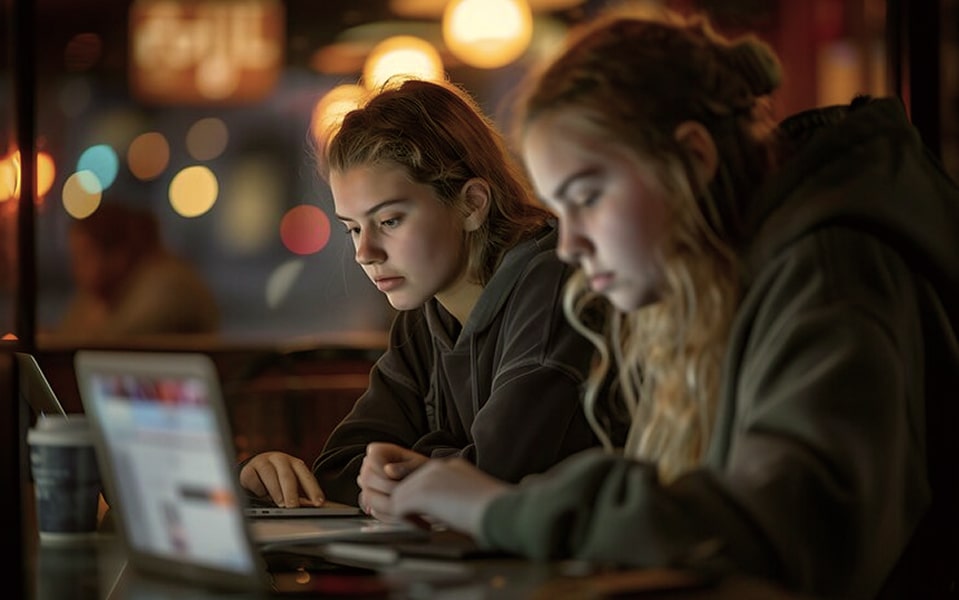 Two people studying at a laptop